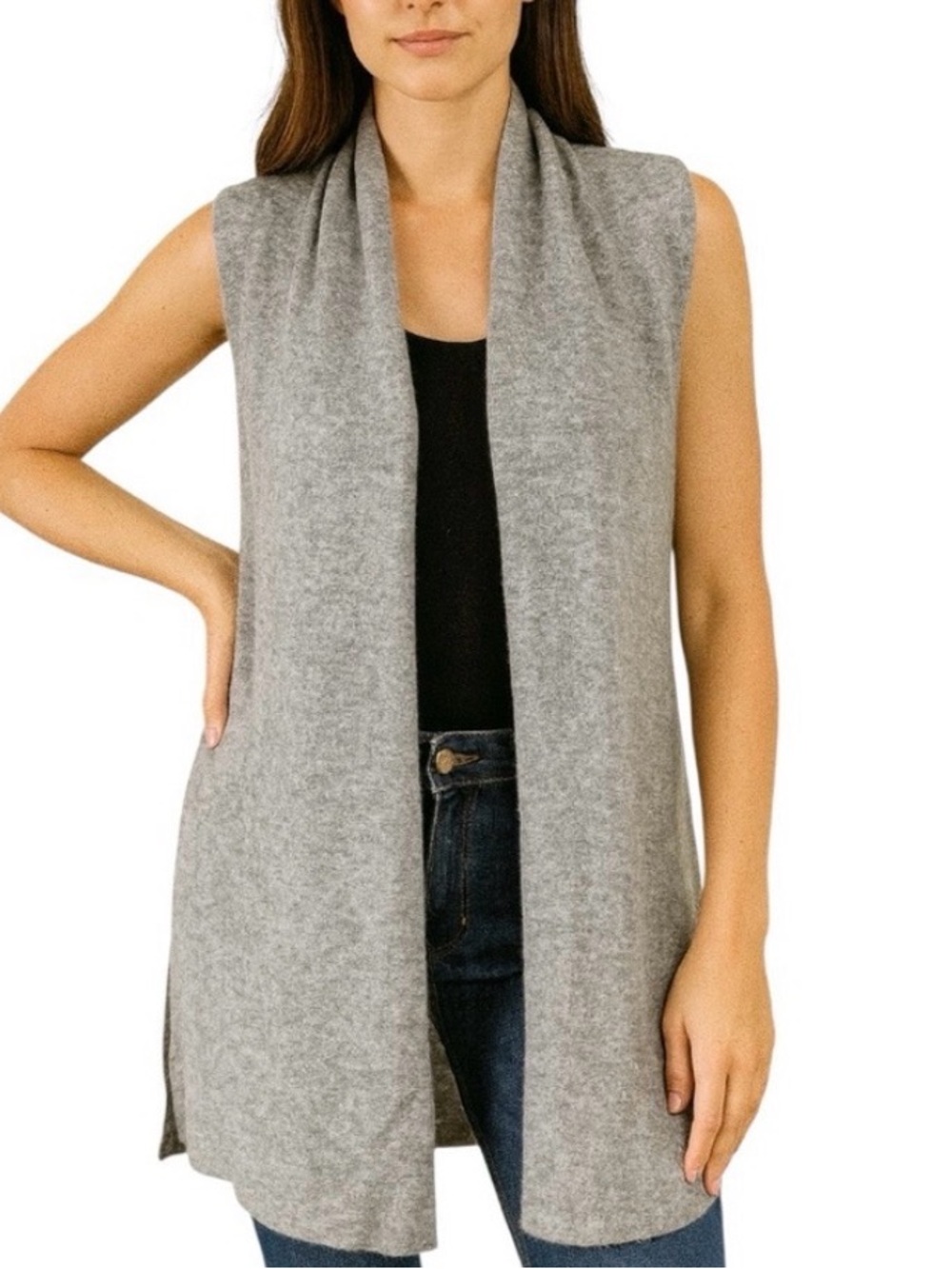 InCashmere, 100% Cashmere Grey Sleeveless Open Vest Sweater